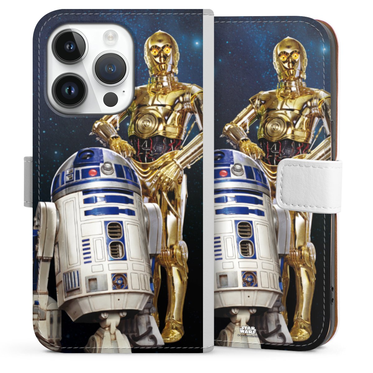 iPhone 14 Pro Handy Klapphülle Handyhülle aus Kunst Leder weiß Flip Case Weltall Star Wars R2d2 Sideflip mit Lasche