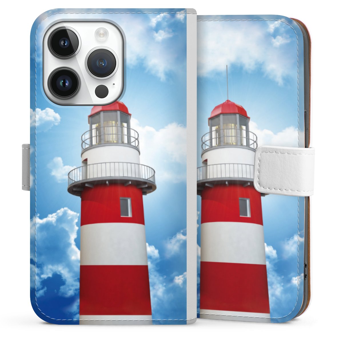 iPhone 14 Pro Handy Klapphülle Handyhülle aus Kunst Leder weiß Flip Case Lighthouse Sky Cloud Sideflip mit Lasche