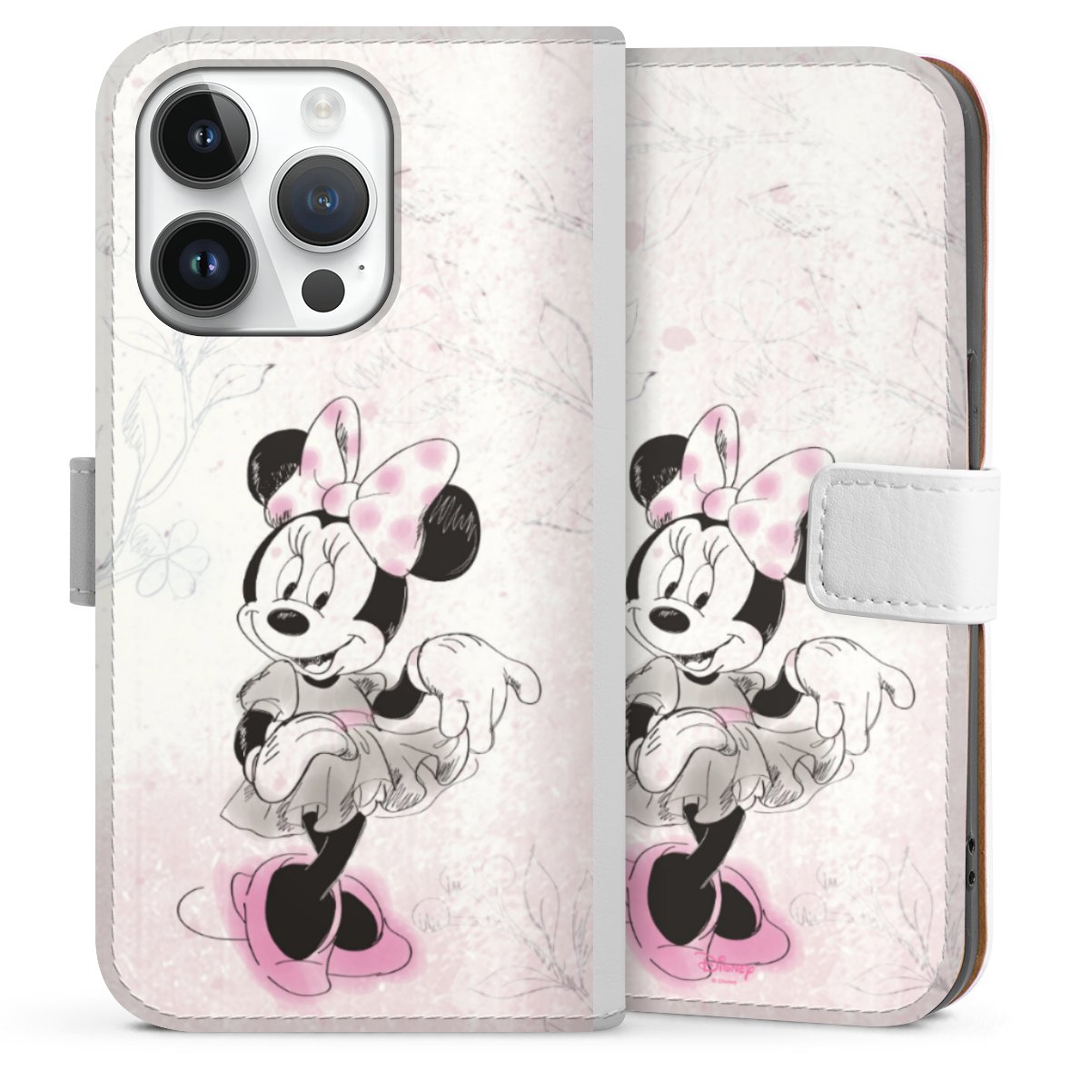 iPhone 14 Pro Handy Klapphülle Handyhülle aus Kunst Leder weiß Flip Case Disney Minnie Mouse Vintage Sideflip mit Lasche