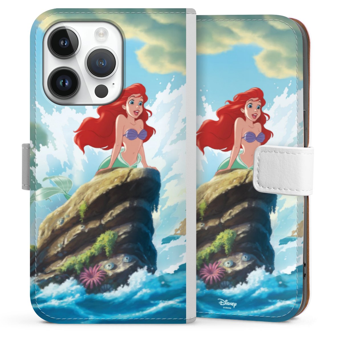 iPhone 14 Pro Handy Klapphülle Handyhülle aus Kunst Leder weiß Flip Case Mermaid Arielle Die Meerjungfrau Official Licensed Product Sideflip mit Lasche