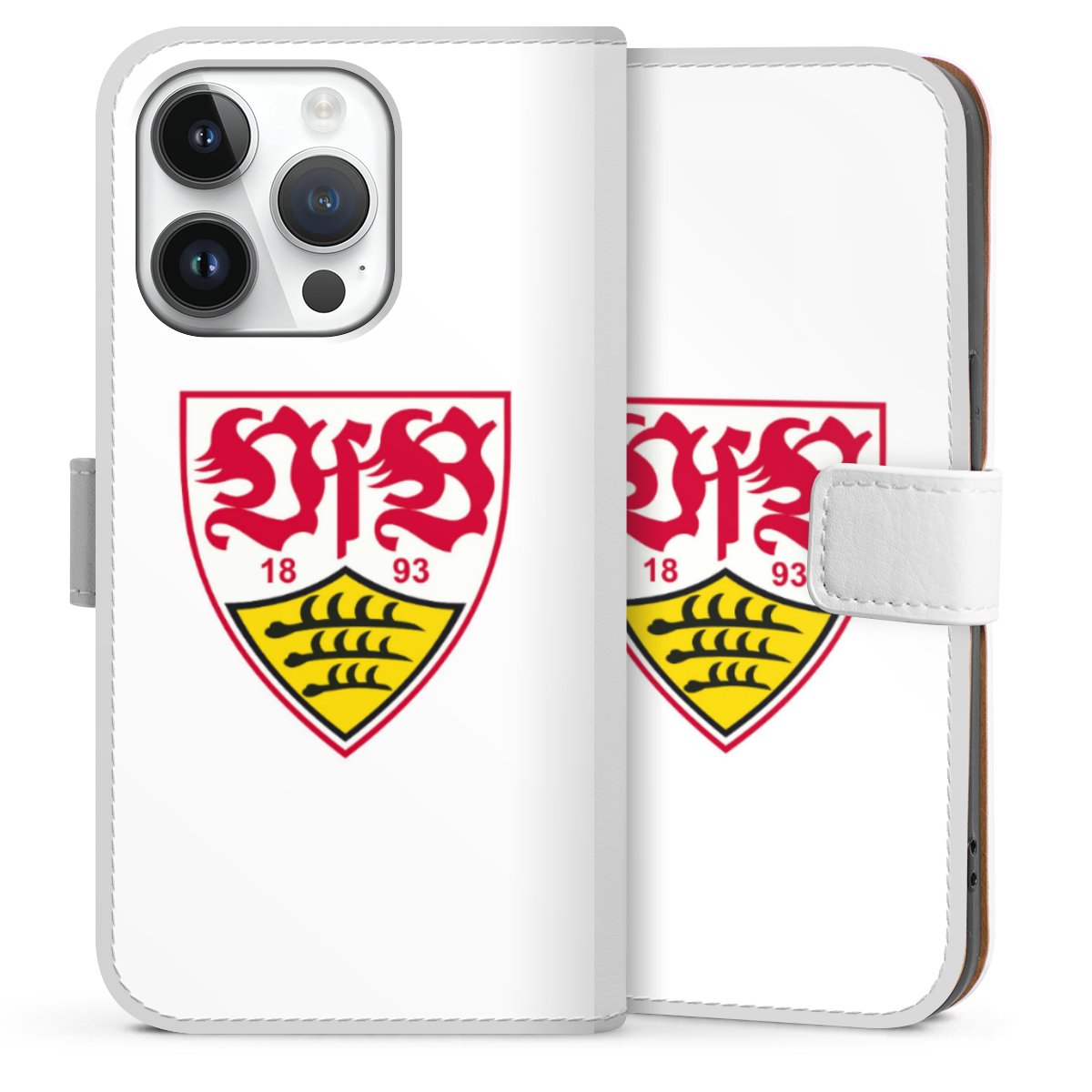 iPhone 14 Pro Handy Klapphülle Handyhülle aus Kunst Leder weiß Flip Case Logo Official Licensed Product Vfb Stuttgart Sideflip mit Lasche