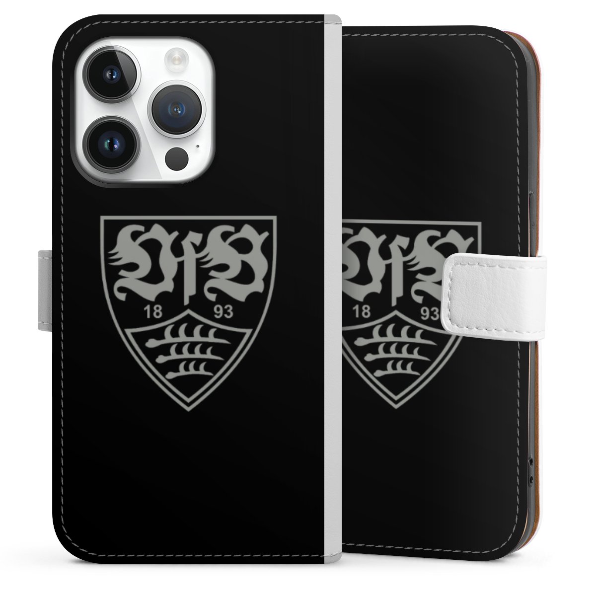 iPhone 14 Pro Handy Klapphülle Handyhülle aus Kunst Leder weiß Flip Case Official Licensed Product Vfb Stuttgart Sideflip mit Lasche