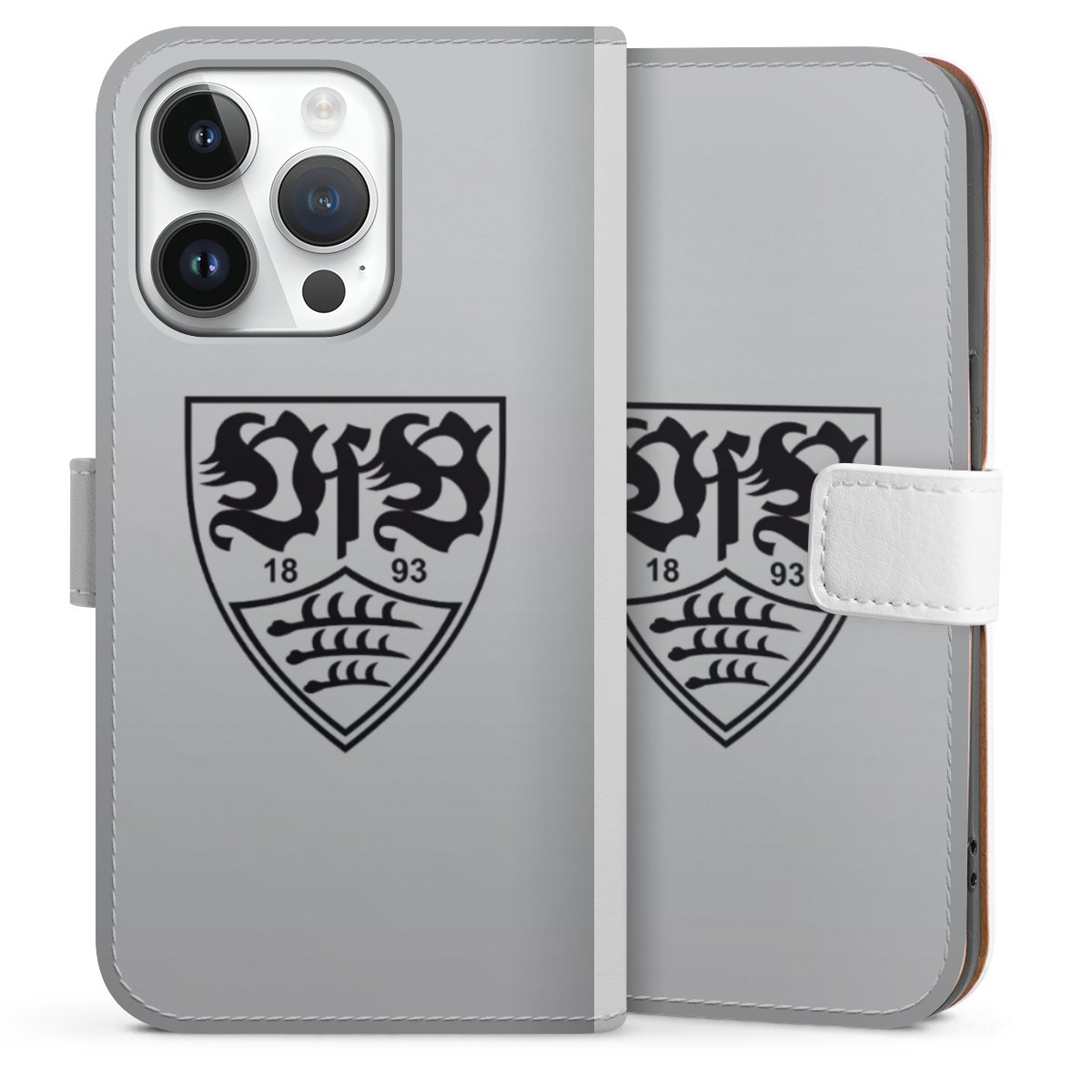 iPhone 14 Pro Handy Klapphülle Handyhülle aus Kunst Leder weiß Flip Case Logo Vfb Stuttgart Official Licensed Product Sideflip mit Lasche