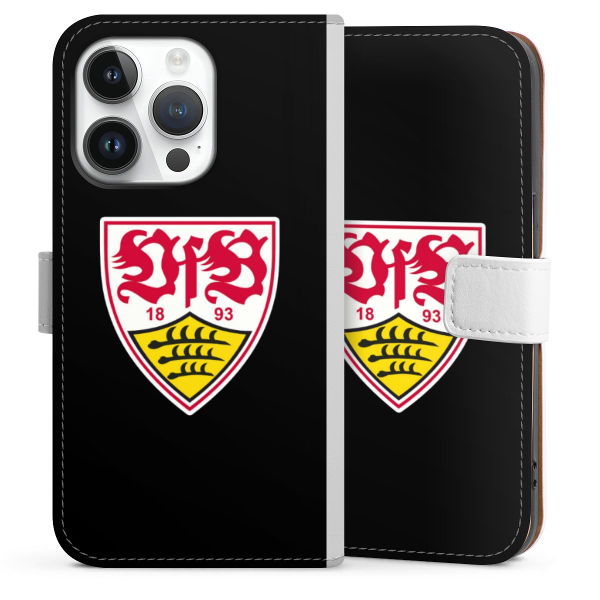 iPhone 14 Pro Handy Klapphülle Handyhülle aus Kunst Leder weiß Flip Case Vfb Stuttgart Official Licensed Product Coat Of Arms Sideflip mit Lasche