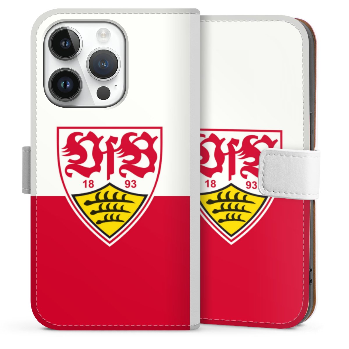 iPhone 14 Pro Handy Klapphülle Handyhülle aus Kunst Leder weiß Flip Case Official Licensed Product Logo Vfb Stuttgart Sideflip mit Lasche