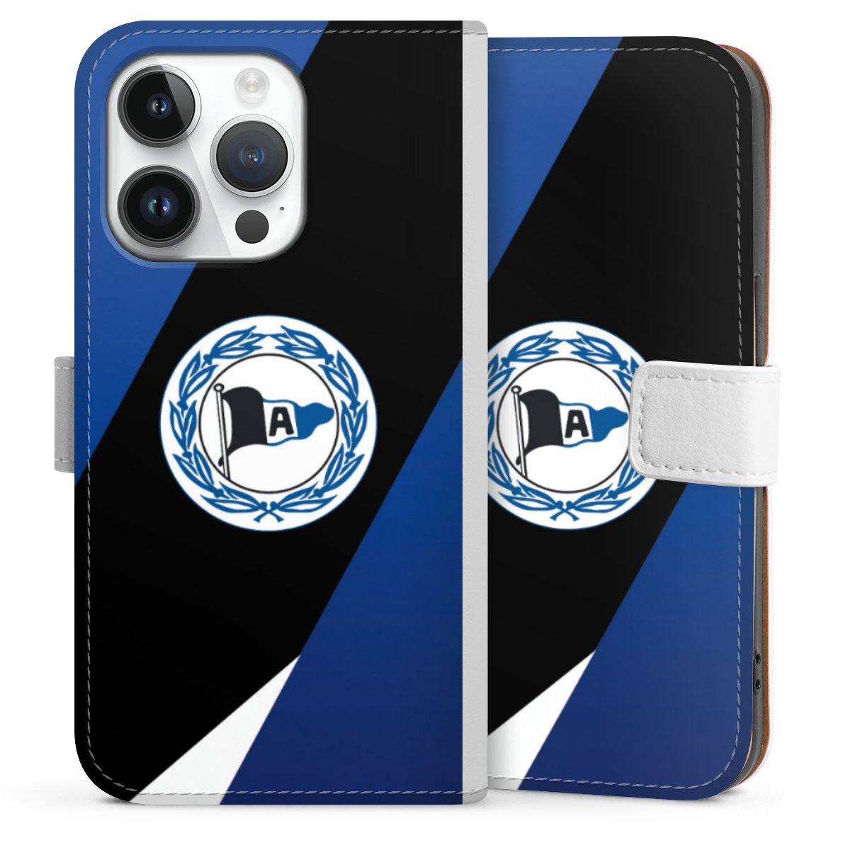 iPhone 14 Pro Handy Klapphülle Handyhülle aus Kunst Leder weiß Flip Case Official Licensed Product Arminia Bielefeld Dsc Sideflip mit Lasche