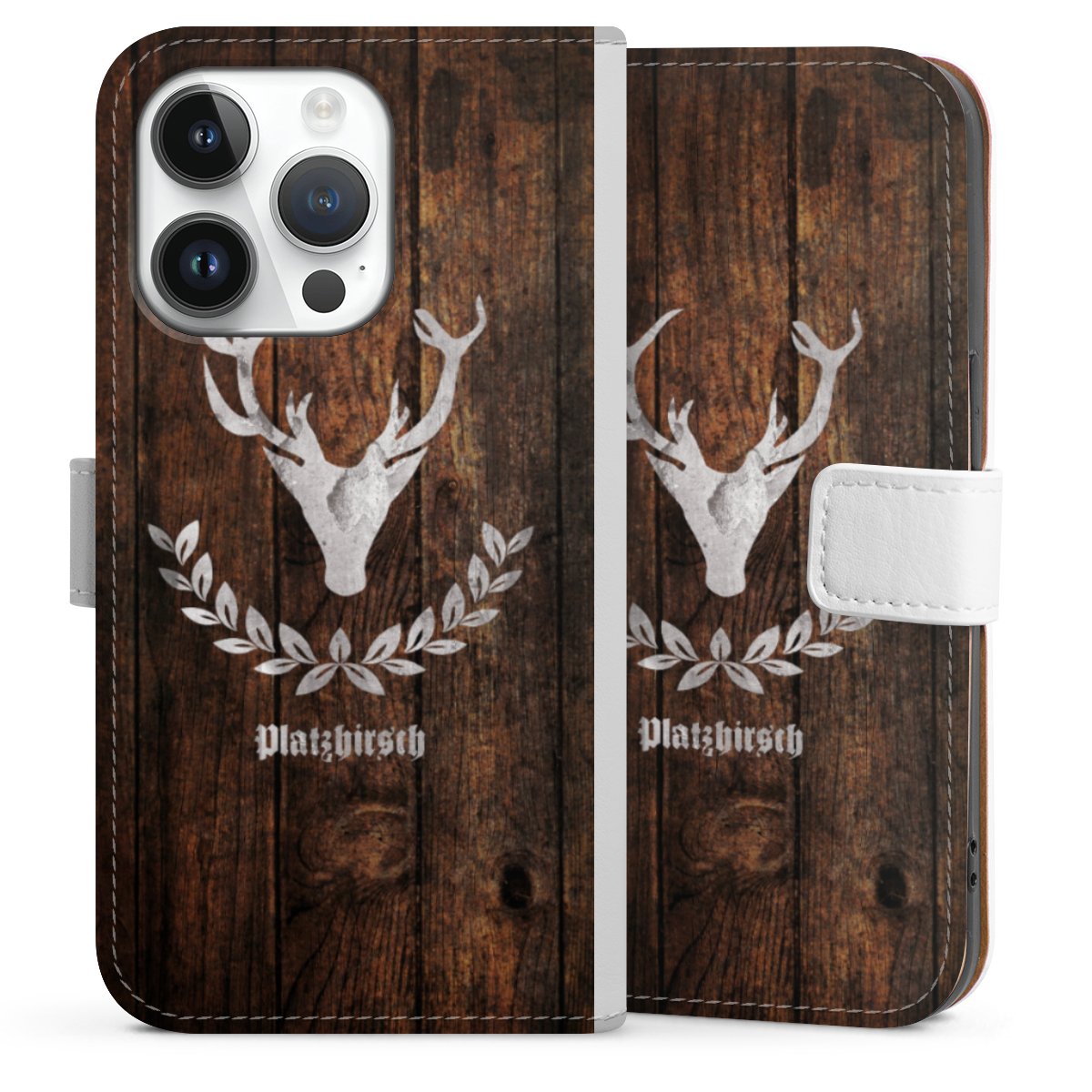 iPhone 14 Pro Handy Klapphülle Handyhülle aus Kunst Leder weiß Flip Case Deer Wood Wooden Look Sideflip mit Lasche