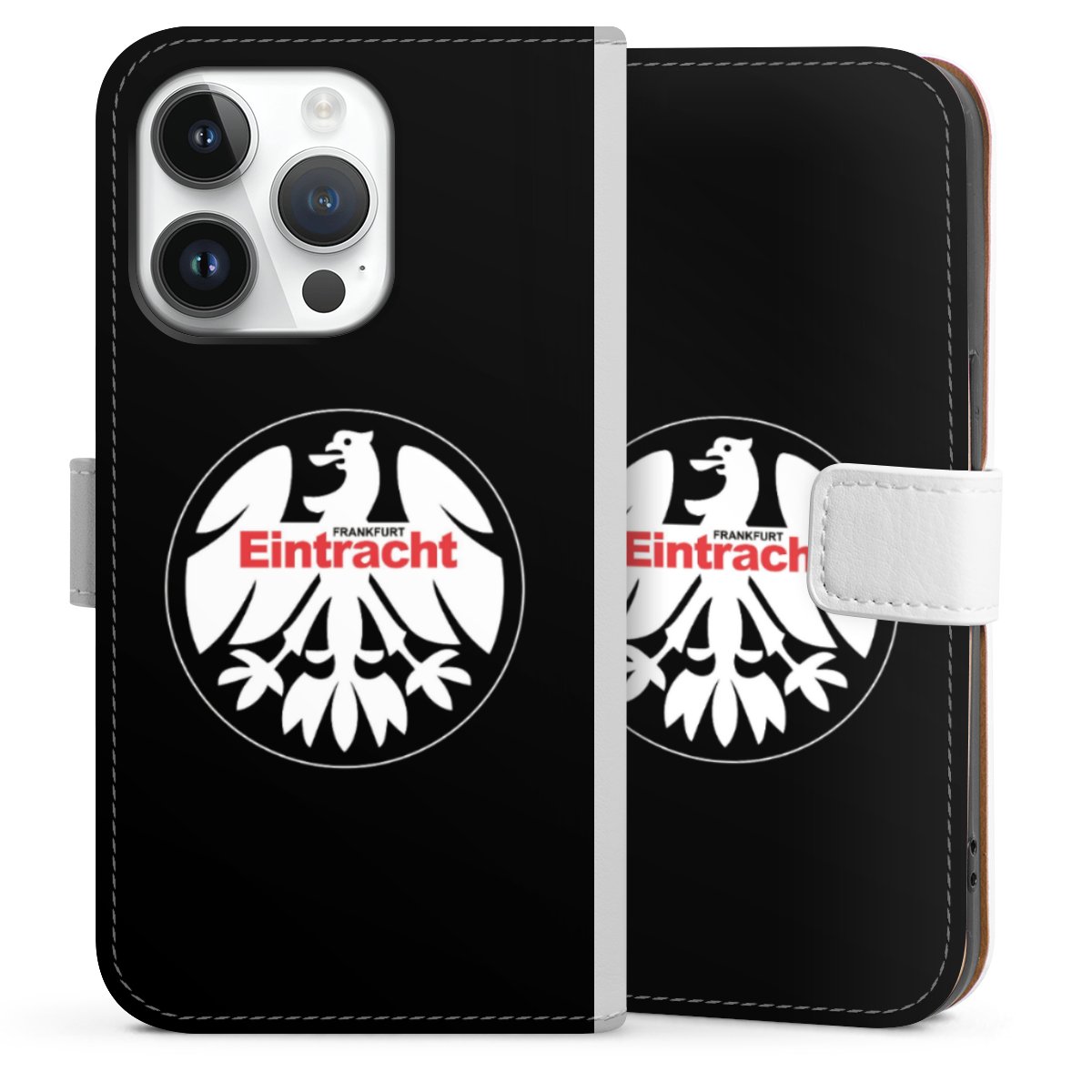 iPhone 14 Pro Handy Klapphülle Handyhülle aus Kunst Leder weiß Flip Case Official Licensed Product Eintracht Frankfurt Sge Sideflip mit Lasche