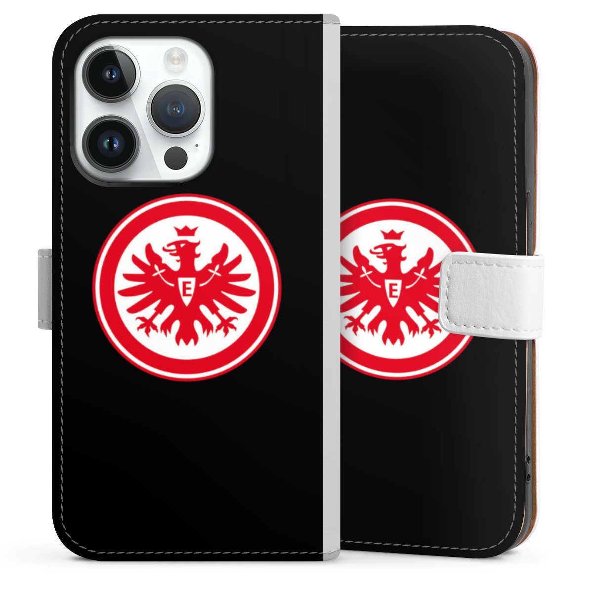 iPhone 14 Pro Handy Klapphülle Handyhülle aus Kunst Leder weiß Flip Case Eintracht Frankfurt Sge Eagle Sideflip mit Lasche