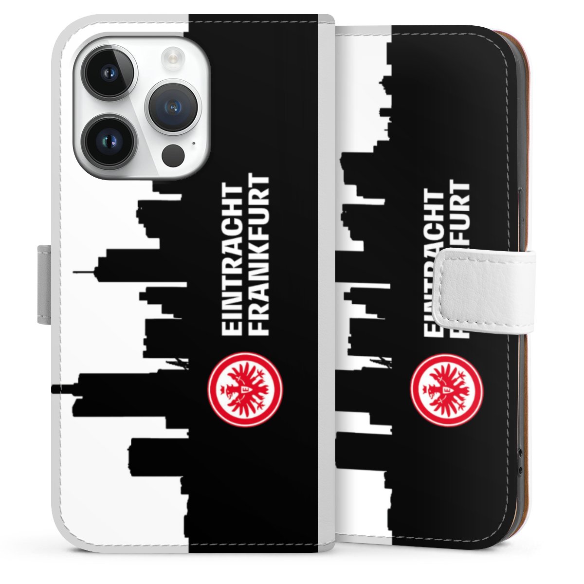 iPhone 14 Pro Handy Klapphülle Handyhülle aus Kunst Leder weiß Flip Case Sge Eintracht Frankfurt Official Licensed Product Sideflip mit Lasche