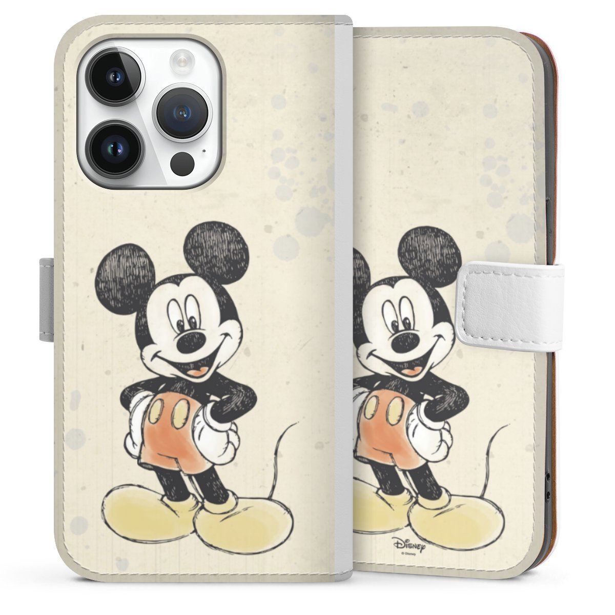 iPhone 14 Pro Handy Klapphülle Handyhülle aus Kunst Leder weiß Flip Case Water Colour Mickey & Minnie Mouse Official Licensed Product Sideflip mit Lasche