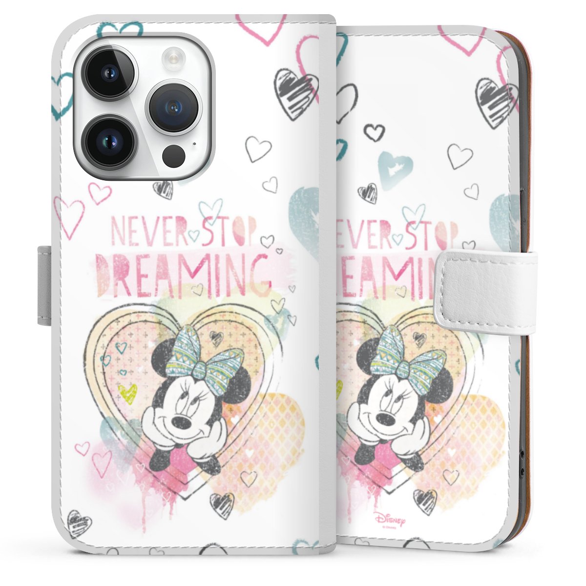 iPhone 14 Pro Handy Klapphülle Handyhülle aus Kunst Leder weiß Flip Case Disney Official Licensed Product Minnie Mouse Sideflip mit Lasche