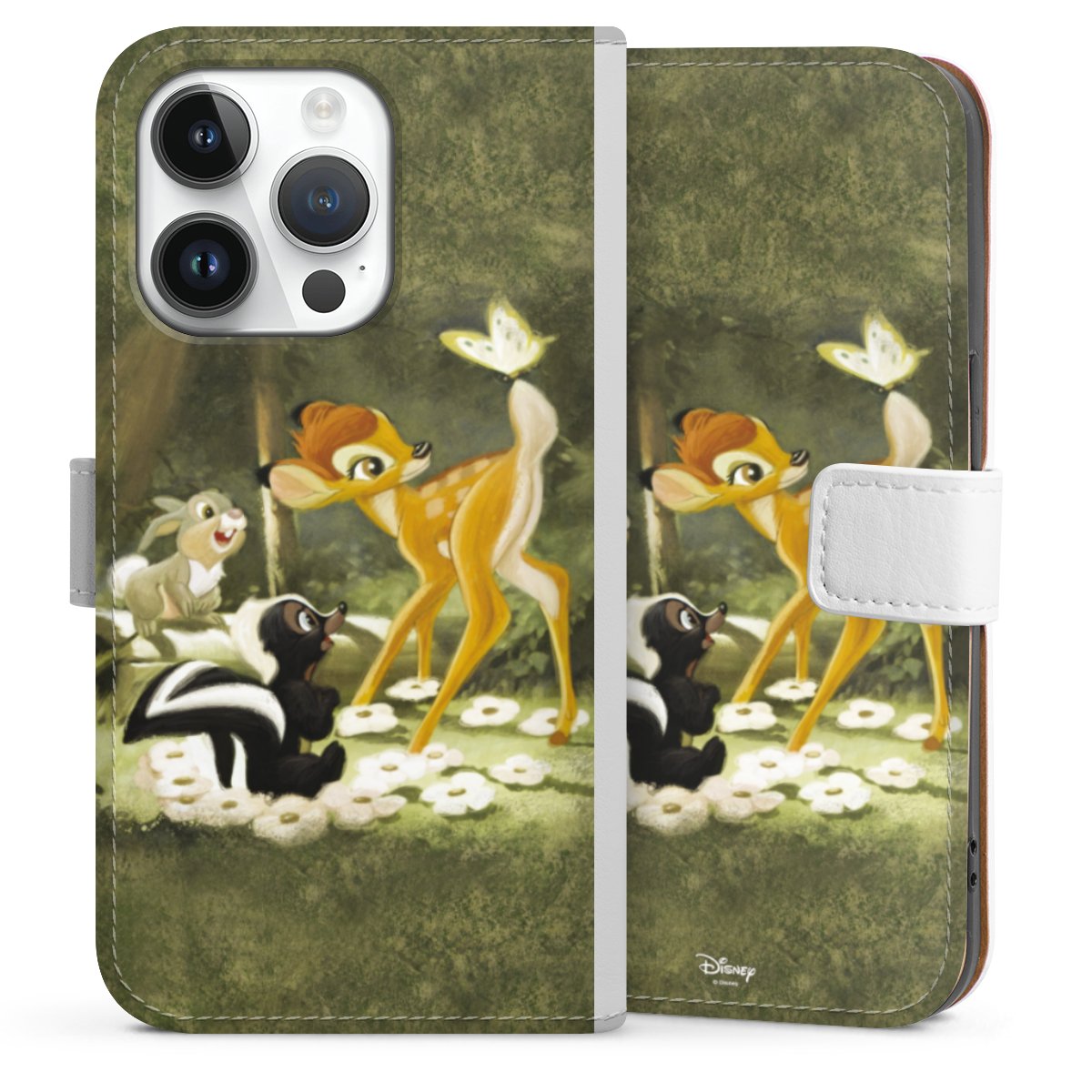 iPhone 14 Pro Handy Klapphülle Handyhülle aus Kunst Leder weiß Flip Case Disney Official Licensed Product Bambi Sideflip mit Lasche