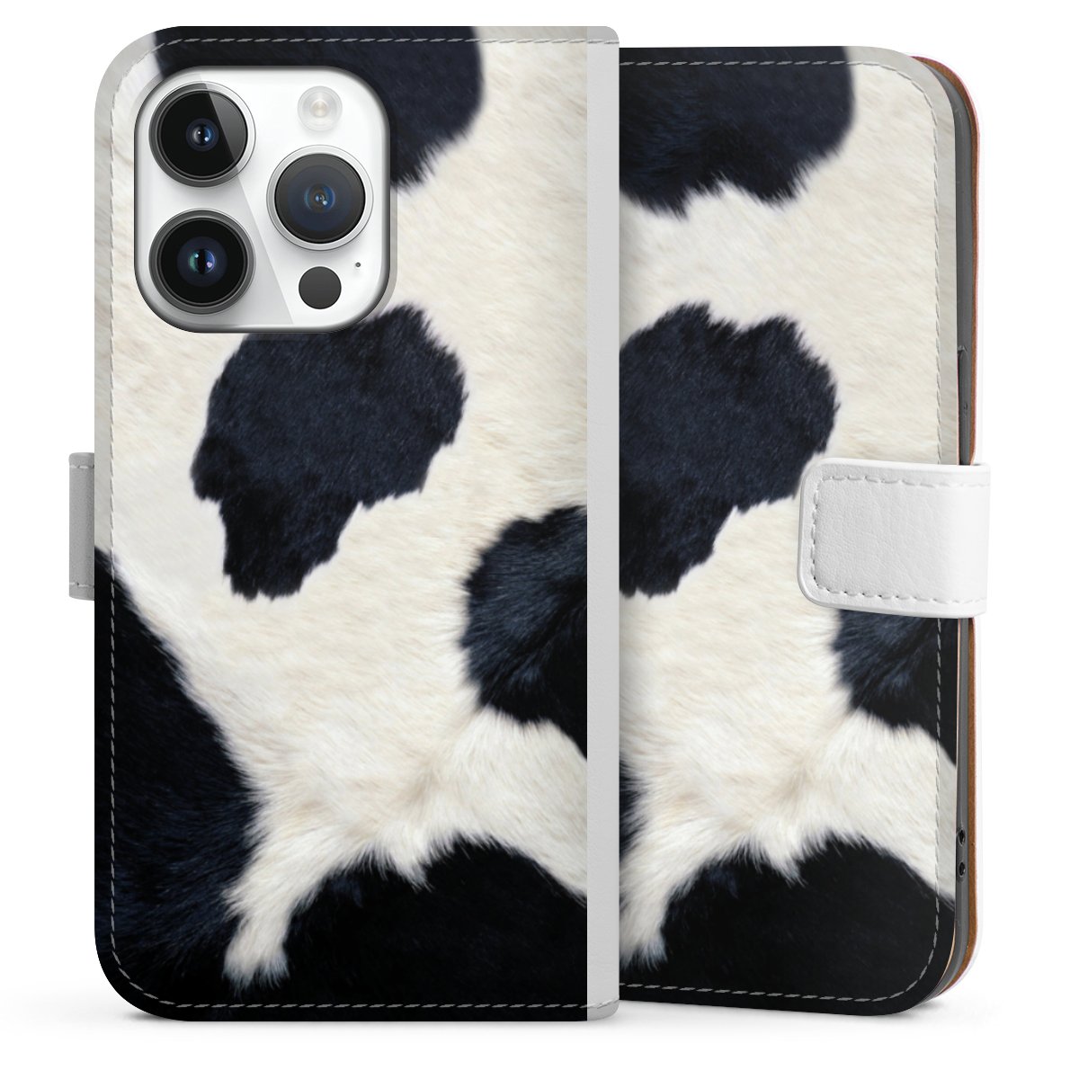 iPhone 14 Pro Handy Klapphülle Handyhülle aus Kunst Leder weiß Flip Case Animal Look Animal Print Cow Skin Sideflip mit Lasche