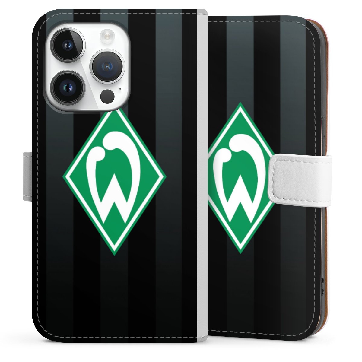 iPhone 14 Pro Handy Klapphülle Handyhülle aus Kunst Leder weiß Flip Case Stripes Sv Werder Bremen Official Licensed Product Sideflip mit Lasche