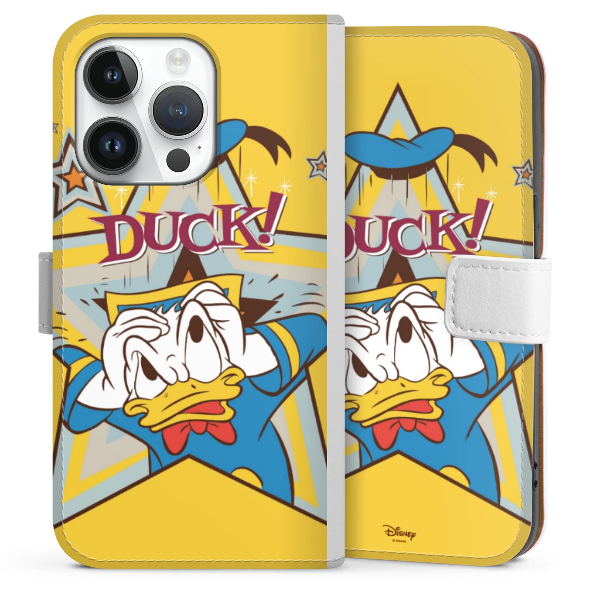 iPhone 14 Pro Handy Klapphülle Handyhülle aus Kunst Leder weiß Flip Case Official Licensed Product Donald Duck Disney Sideflip mit Lasche