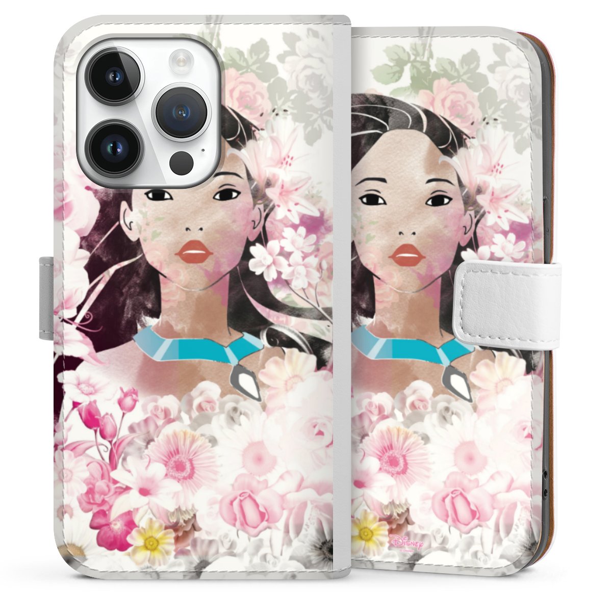 iPhone 14 Pro Handy Klapphülle Handyhülle aus Kunst Leder weiß Flip Case Pocahontas Official Licensed Product Disney Sideflip mit Lasche