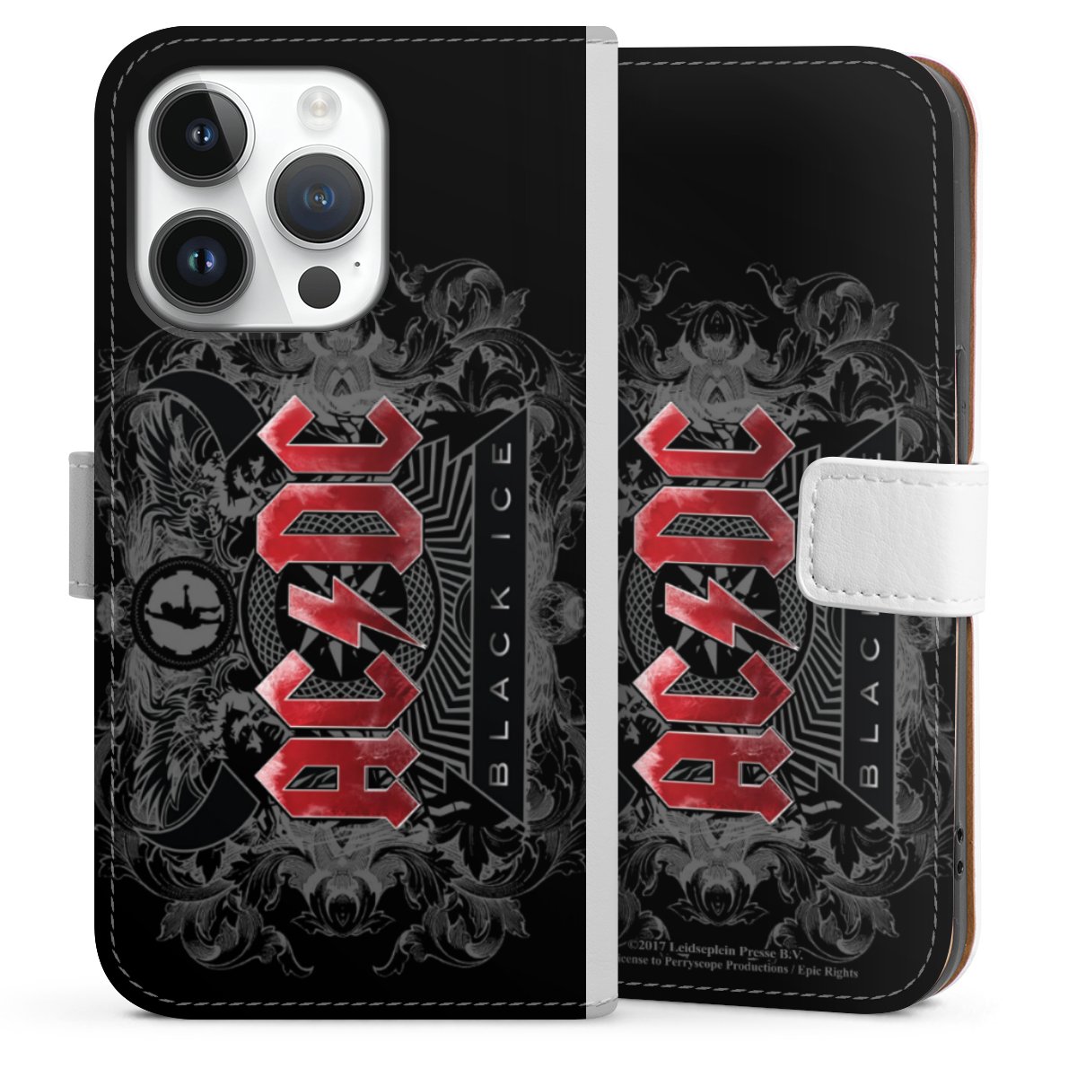 iPhone 14 Pro Handy Klapphülle Handyhülle aus Kunst Leder weiß Flip Case Merchandise Black Ice Acdc Sideflip mit Lasche