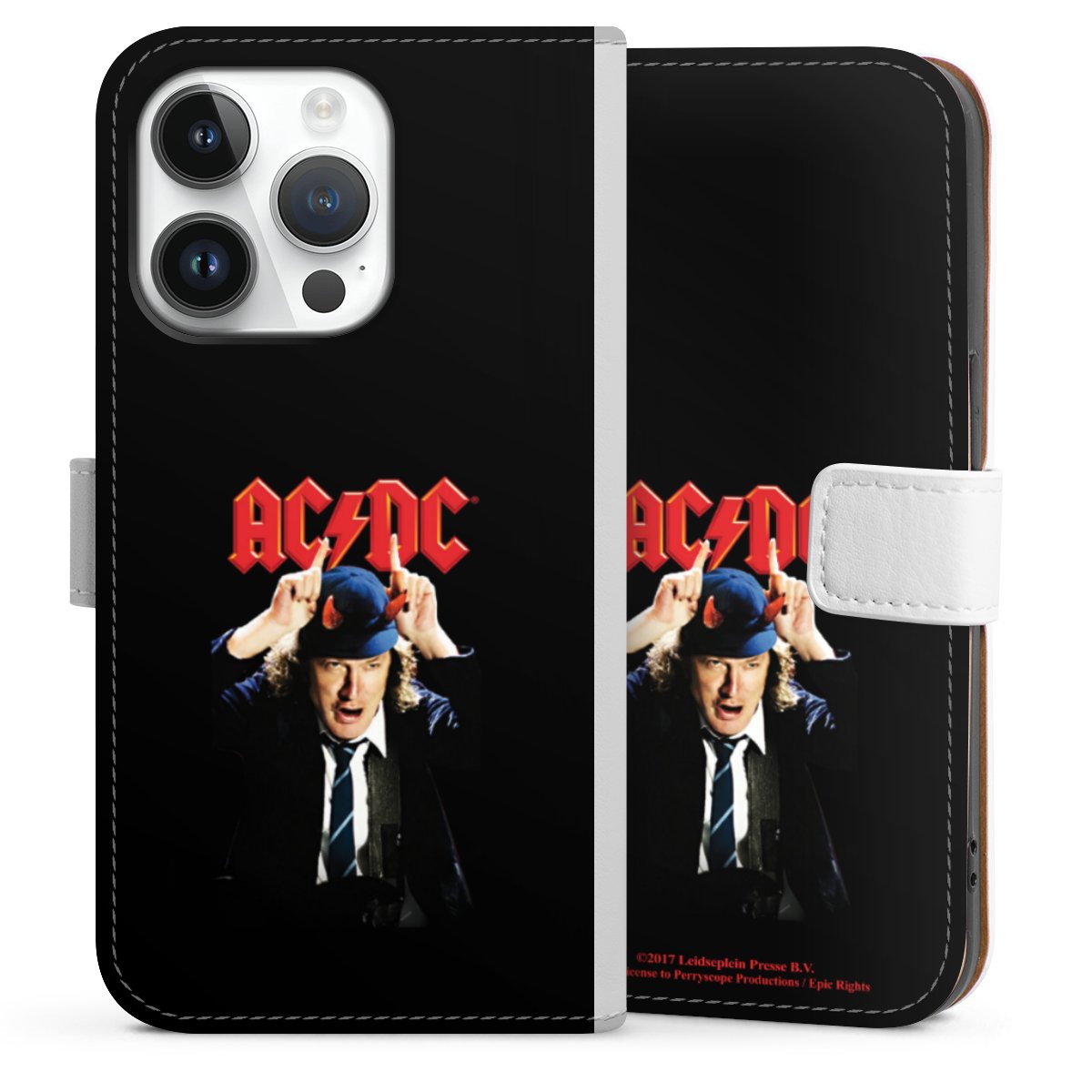 iPhone 14 Pro Handy Klapphülle Handyhülle aus Kunst Leder weiß Flip Case Merchandise Acdc Riverplate Sideflip mit Lasche