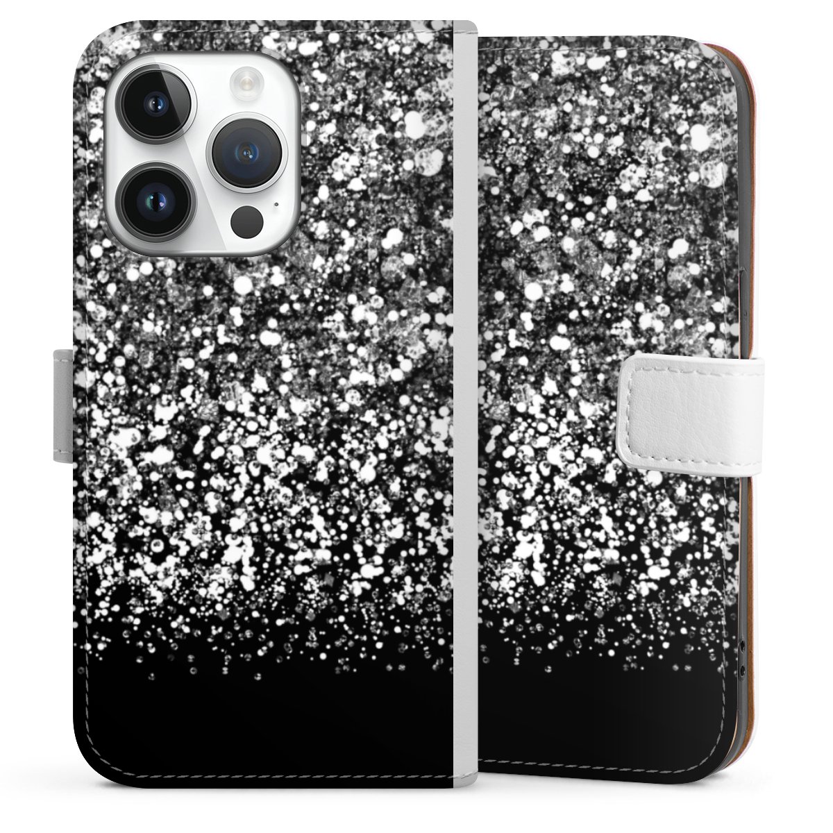 iPhone 14 Pro Handy Klapphülle Handyhülle aus Kunst Leder weiß Flip Case Glitzer Snowflake Muster Sideflip mit Lasche