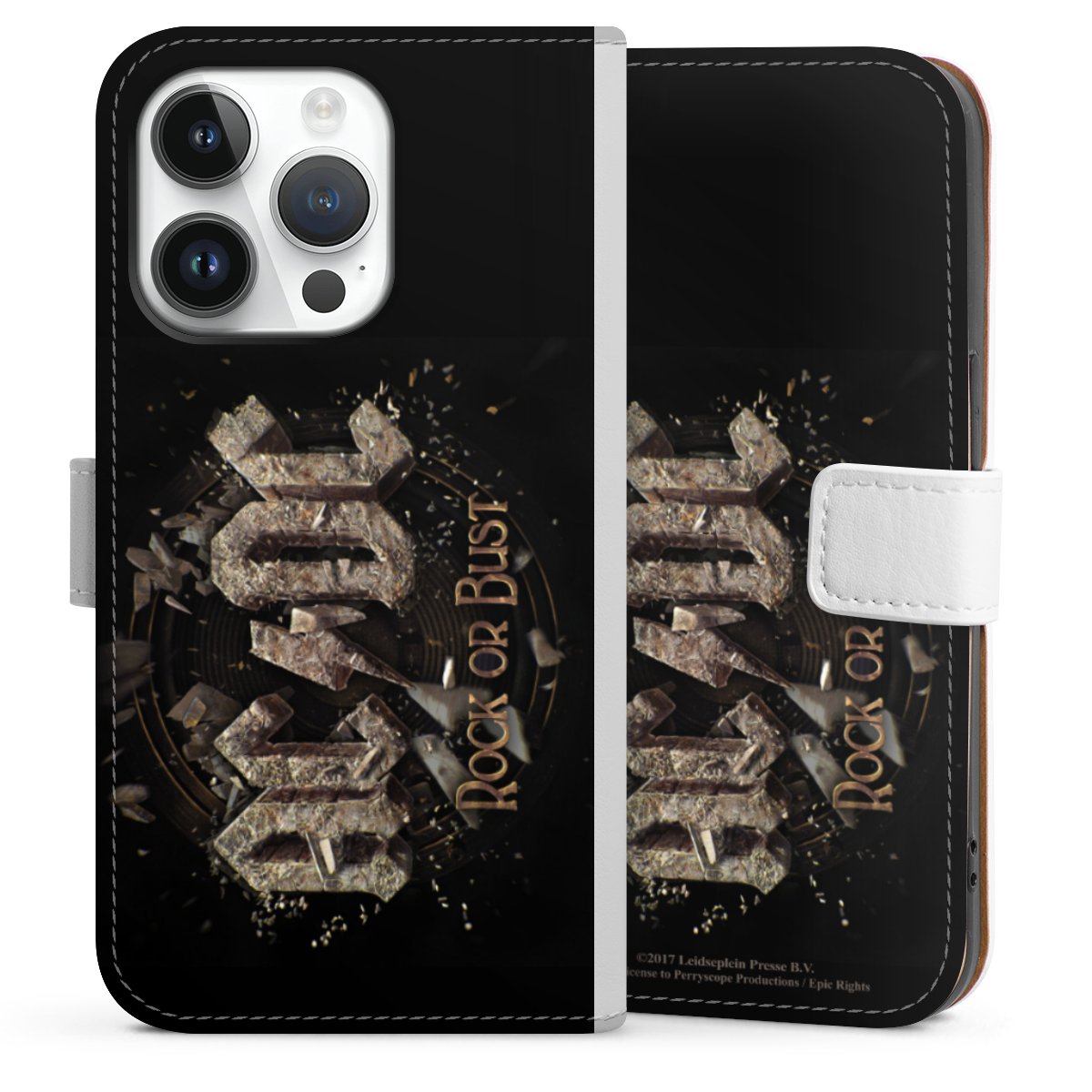 iPhone 14 Pro Handy Klapphülle Handyhülle aus Kunst Leder weiß Flip Case Acdc Official Licensed Product Rock Or Bust Sideflip mit Lasche