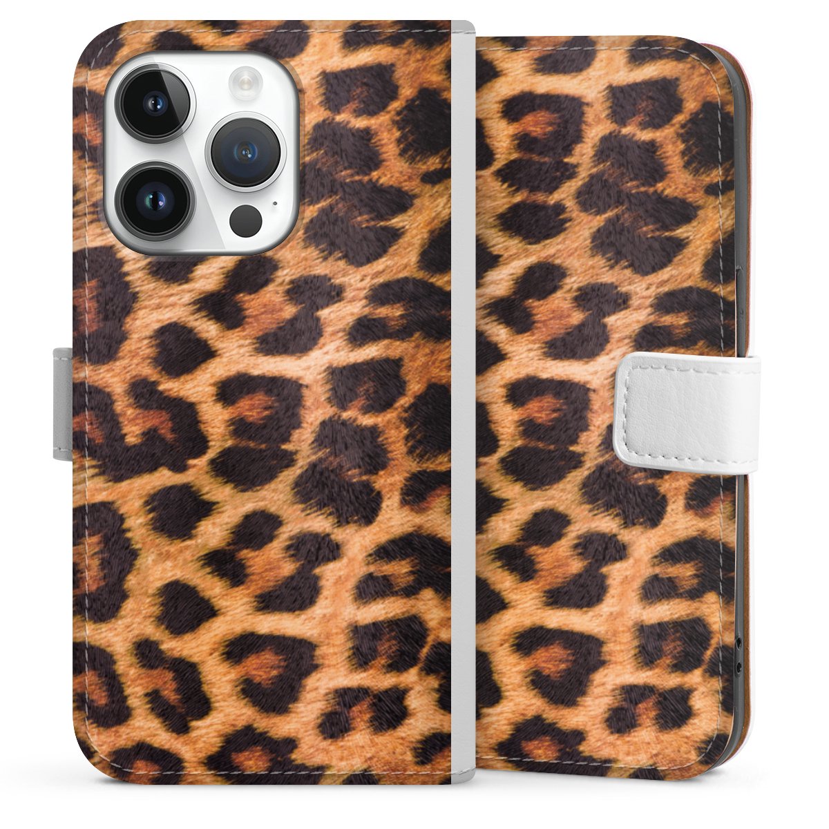 iPhone 14 Pro Handy Klapphülle Handyhülle aus Kunst Leder weiß Flip Case Animal Print Leopard Fur Sideflip mit Lasche