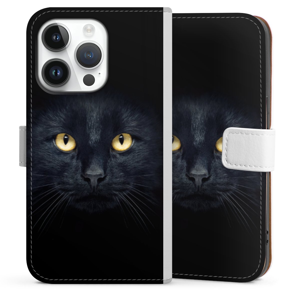 iPhone 14 Pro Handy Klapphülle Handyhülle aus Kunst Leder weiß Flip Case Eye Cat Black Sideflip mit Lasche