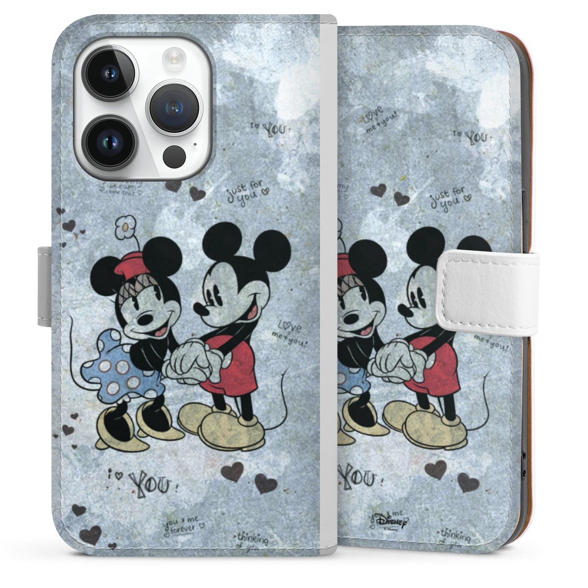 iPhone 14 Pro Handy Klapphülle Handyhülle aus Kunst Leder weiß Flip Case Mickey & Minnie Mouse Vintage Disney Sideflip mit Lasche