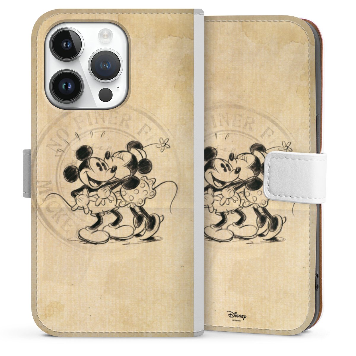 iPhone 14 Pro Handy Klapphülle Handyhülle aus Kunst Leder weiß Flip Case Mickey Mouse Vintage Minnie Mouse Sideflip mit Lasche