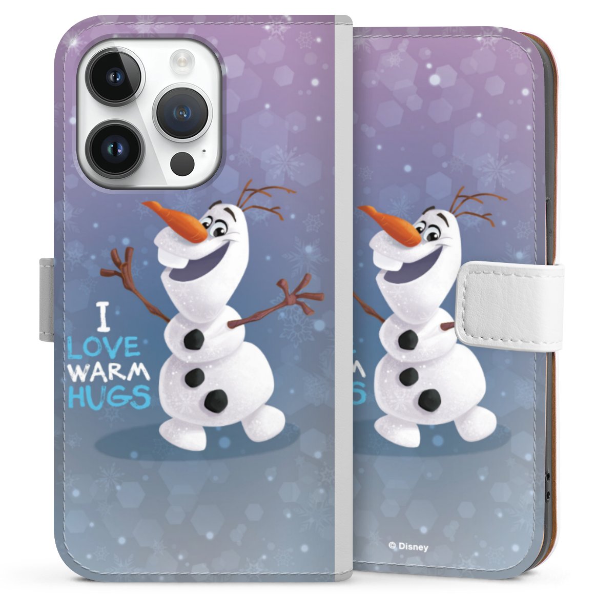 iPhone 14 Pro Handy Klapphülle Handyhülle aus Kunst Leder weiß Flip Case Frozen Frozen Olaf Official Licensed Product Sideflip mit Lasche