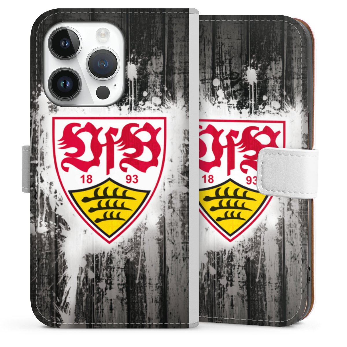 iPhone 14 Pro Handy Klapphülle Handyhülle aus Kunst Leder weiß Flip Case Vfb Stuttgart Official Licensed Product Sideflip mit Lasche