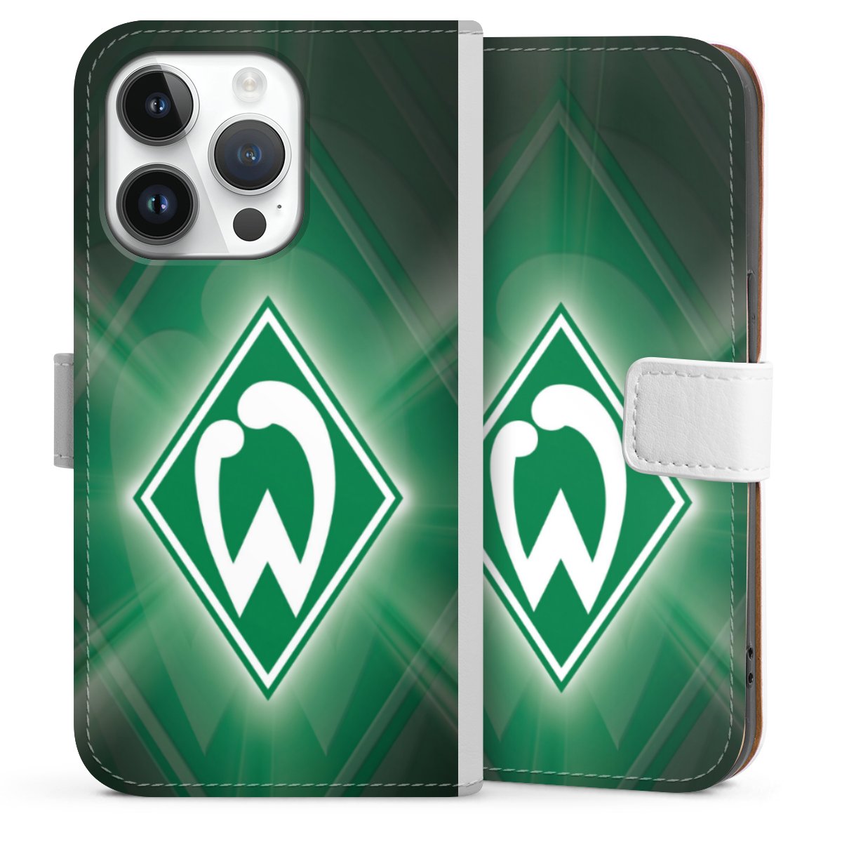 iPhone 14 Pro Handy Klapphülle Handyhülle aus Kunst Leder weiß Flip Case Sv Werder Bremen Official Licensed Product Coat Of Arms Sideflip mit Lasche