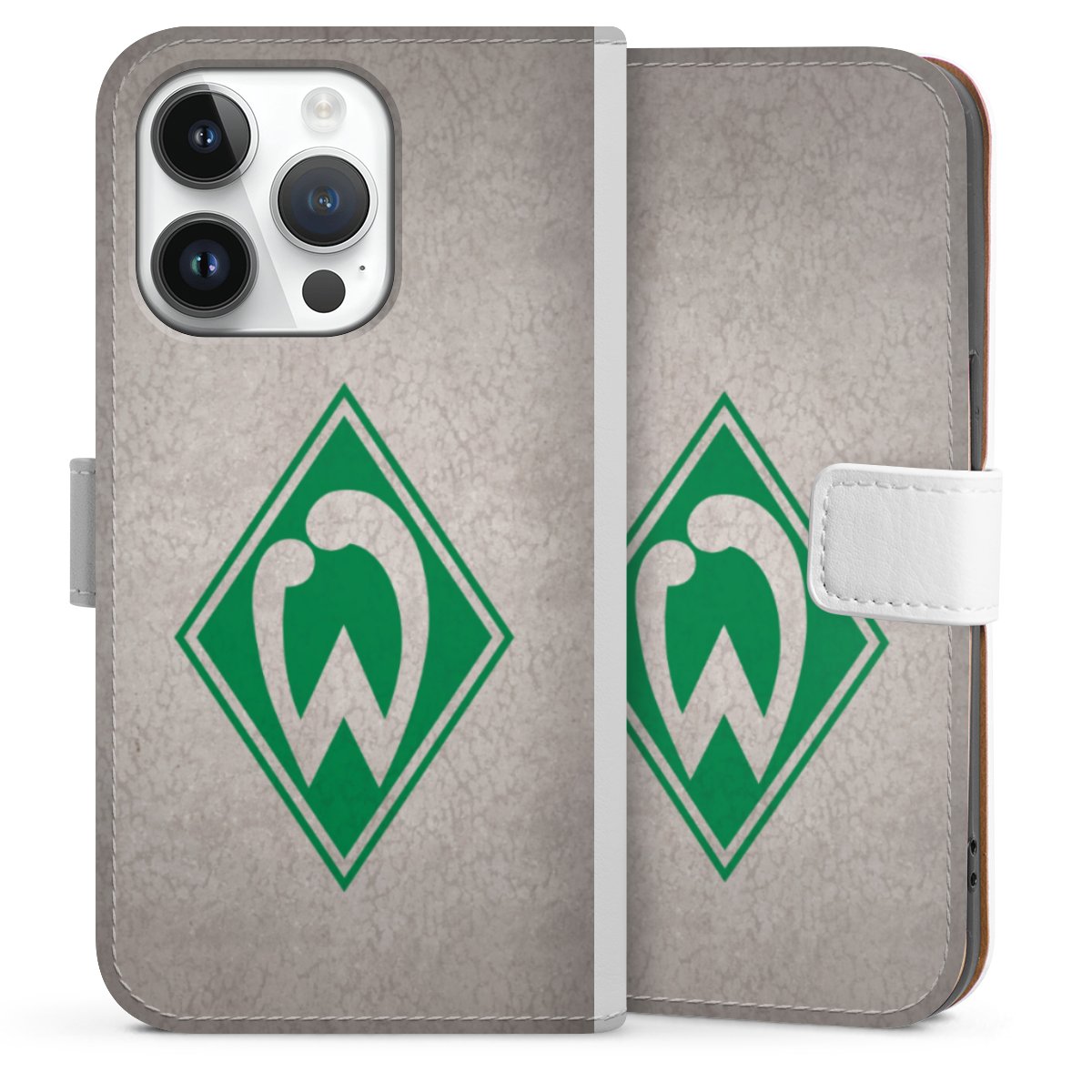 iPhone 14 Pro Handy Klapphülle Handyhülle aus Kunst Leder weiß Flip Case Sv Werder Bremen Concrete Official Licensed Product Sideflip mit Lasche