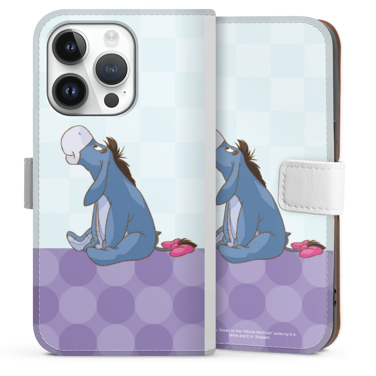 iPhone 14 Pro Handy Klapphülle Handyhülle aus Kunst Leder weiß Flip Case Disney Donkey Winnie The Pooh Sideflip mit Lasche