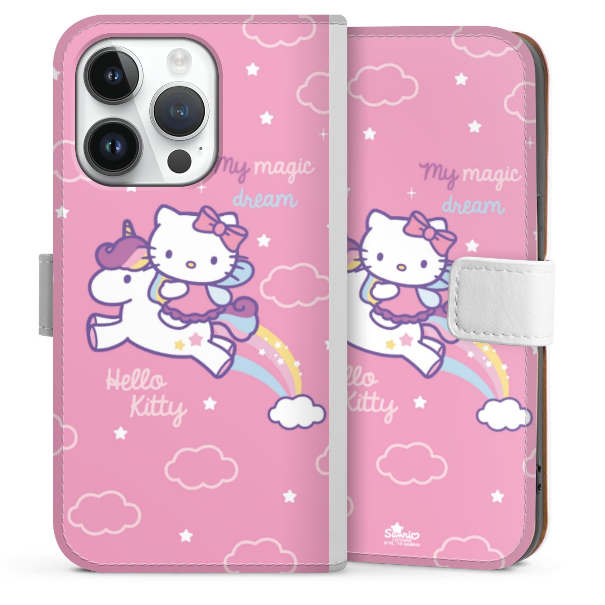 iPhone 14 Pro Handy Klapphülle Handyhülle aus Kunst Leder weiß Flip Case Einhorn Official Licensed Product Hello Kitty Sideflip mit Lasche