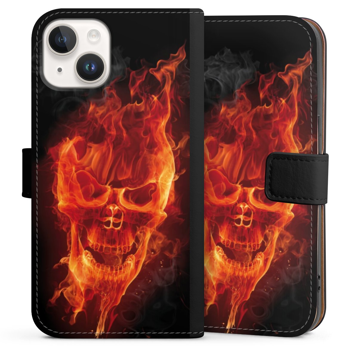 iPhone 14 Handy Klapphülle Handyhülle aus Kunst Leder schwarz Flip Case Totenkopf Skull Fire Sideflip mit Lasche