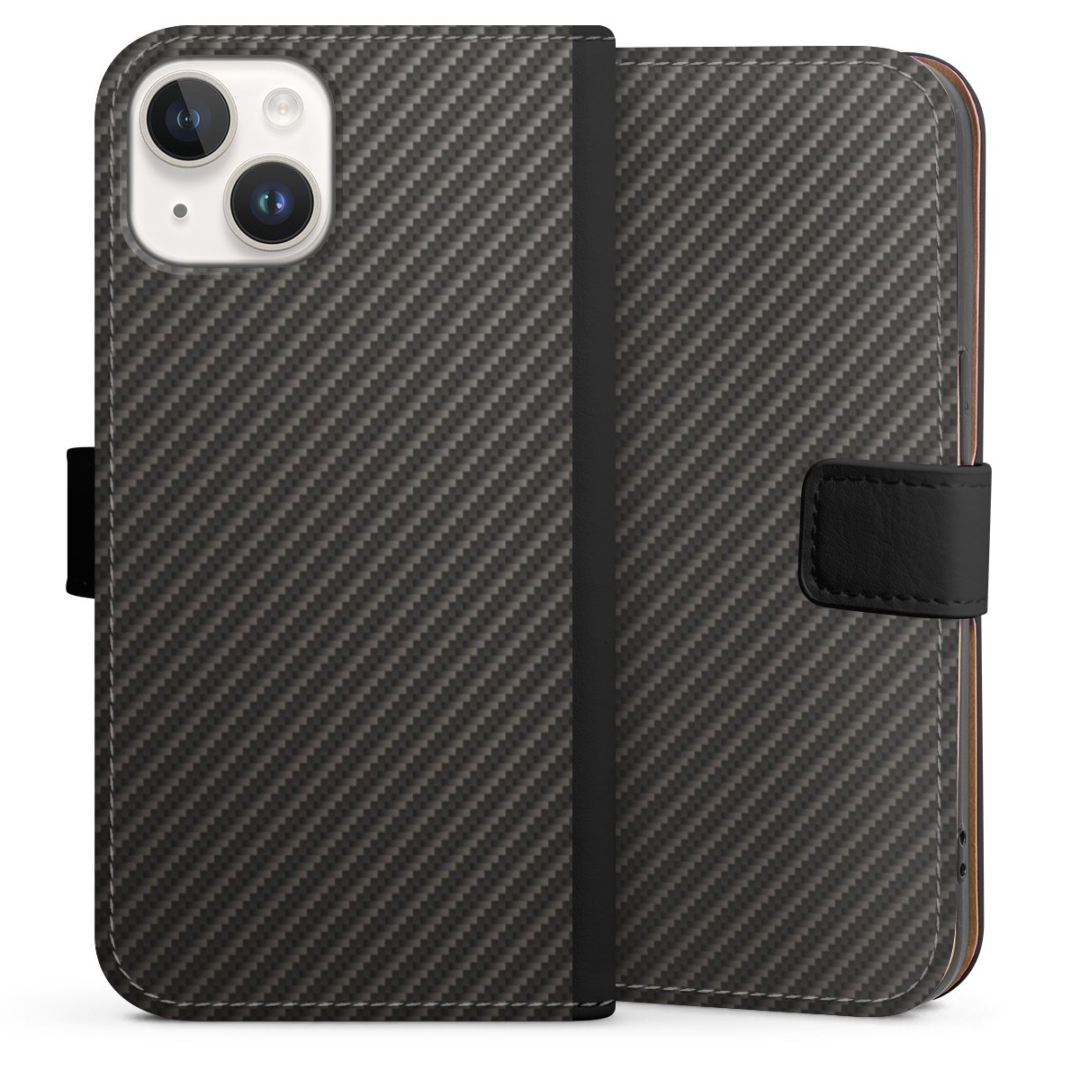 iPhone 14 Handy Klapphülle Handyhülle aus Kunst Leder schwarz Flip Case Metallic Look Carbon Muster Sideflip mit Lasche