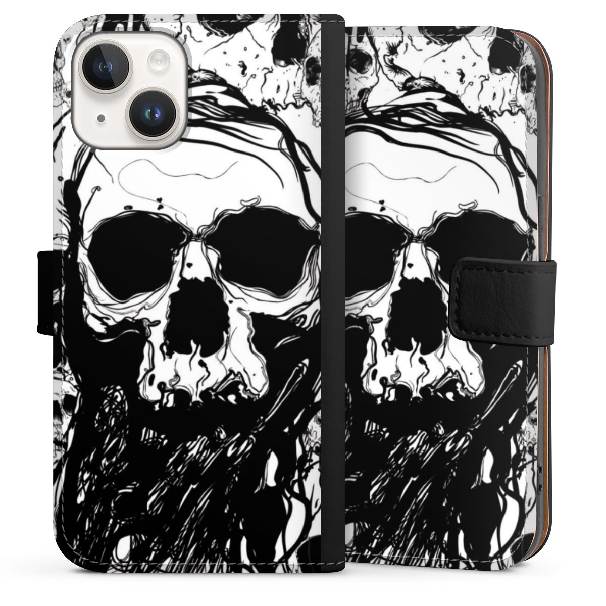 iPhone 14 Handy Klapphülle Handyhülle aus Kunst Leder schwarz Flip Case Totenkopf Halloween Sideflip mit Lasche