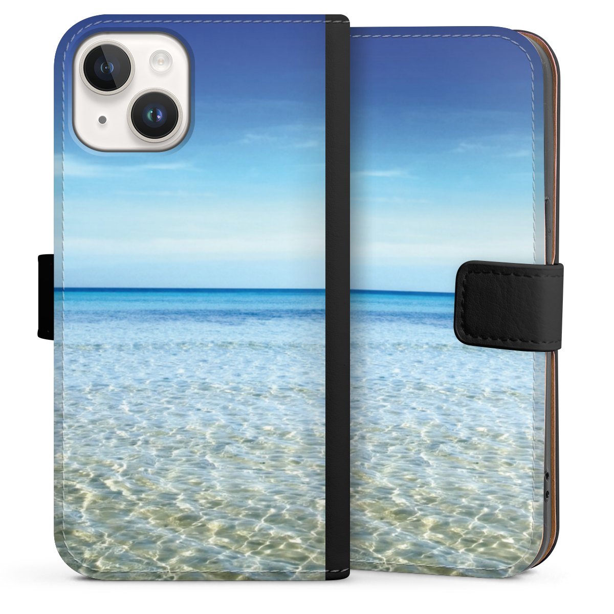 iPhone 14 Handy Klapphülle Handyhülle aus Kunst Leder schwarz Flip Case Urlaub Sky Ocean Sideflip mit Lasche