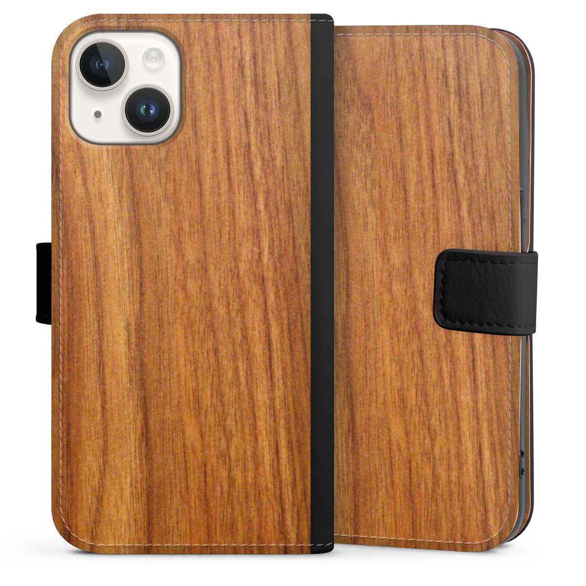 iPhone 14 Handy Klapphülle Handyhülle aus Kunst Leder schwarz Flip Case Wood Larch Wooden Look Sideflip mit Lasche