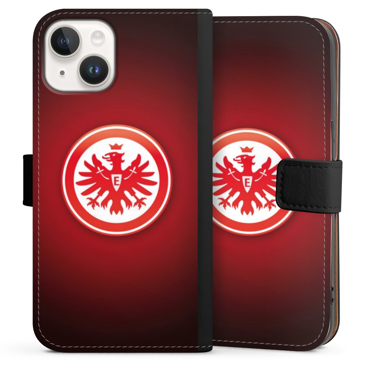 iPhone 14 Handy Klapphülle Handyhülle aus Kunst Leder schwarz Flip Case Eintracht Frankfurt Official Licensed Product Coat Of Arms Sideflip mit Lasche