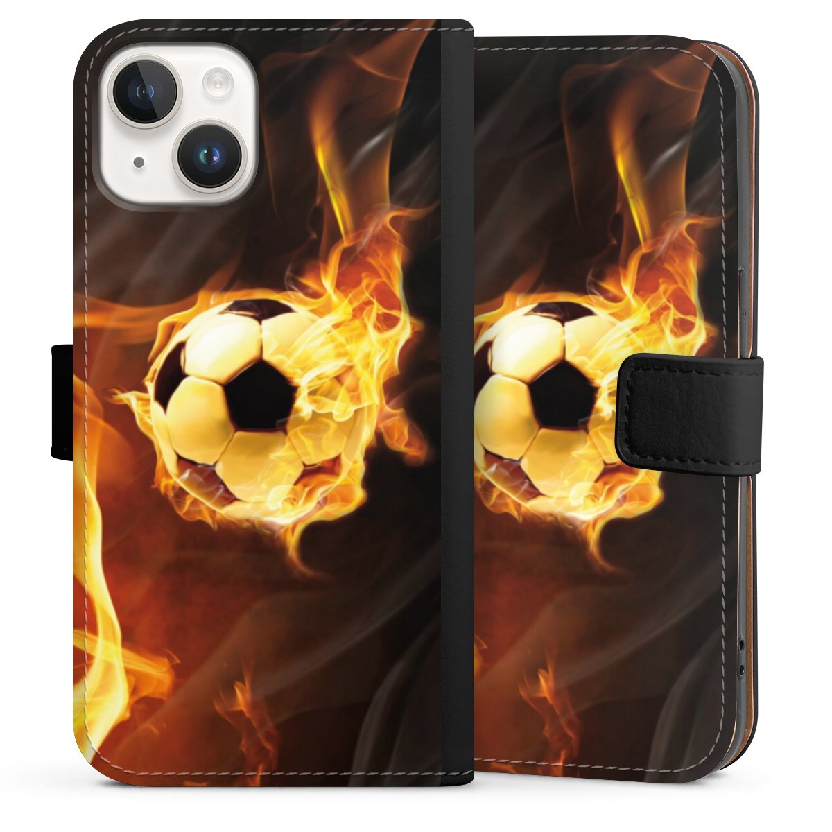 iPhone 14 Handy Klapphülle Handyhülle aus Kunst Leder schwarz Flip Case Ball Fire Soccer Sideflip mit Lasche