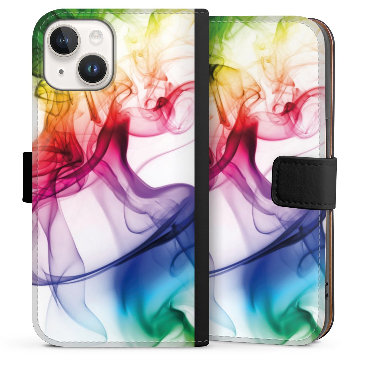 iPhone 14 Handy Klapphülle Handyhülle aus Kunst Leder schwarz Flip Case Water Colour Rainbow Sideflip mit Lasche