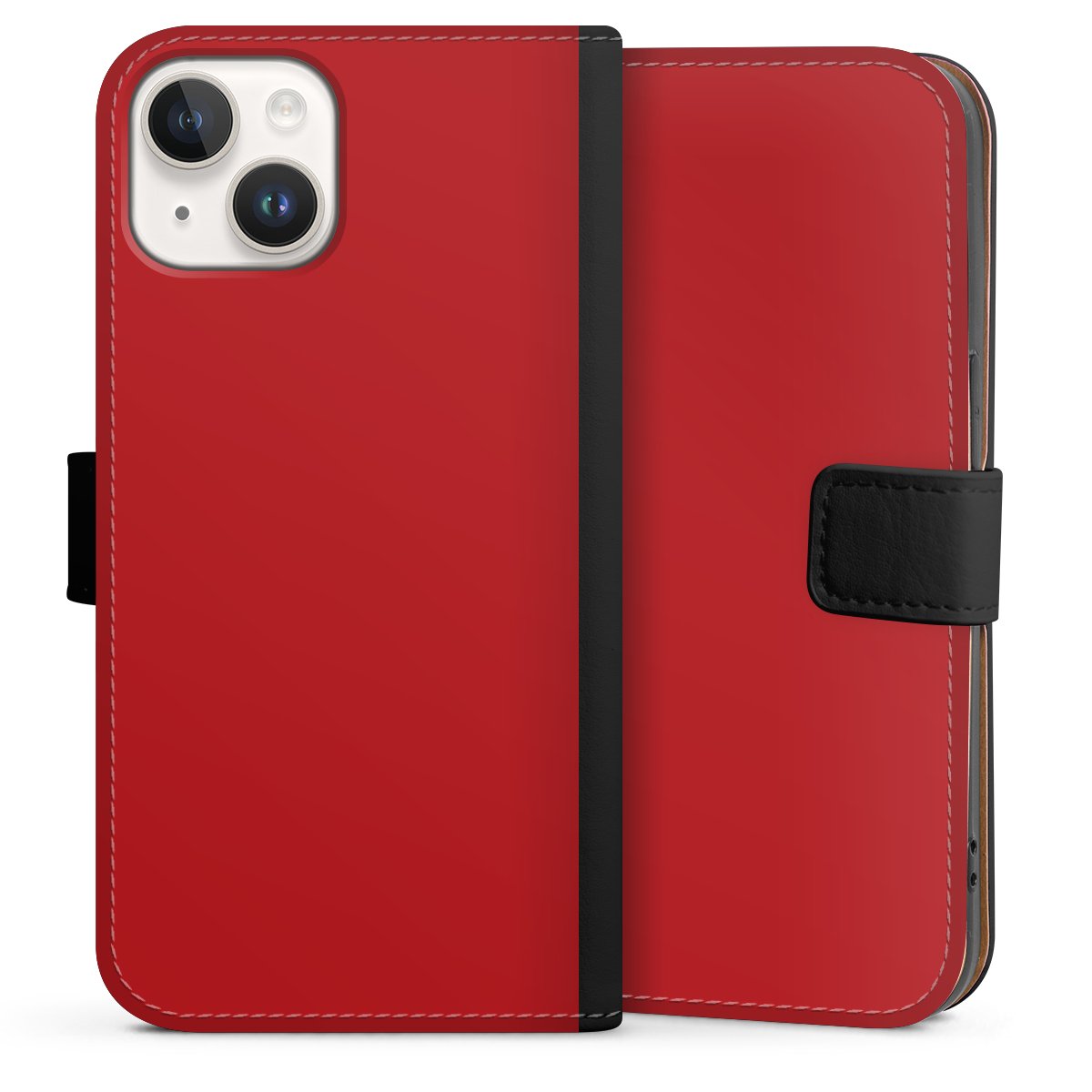 iPhone 14 Handy Klapphülle Handyhülle aus Kunst Leder schwarz Flip Case Colour Unicoloured Red Sideflip mit Lasche