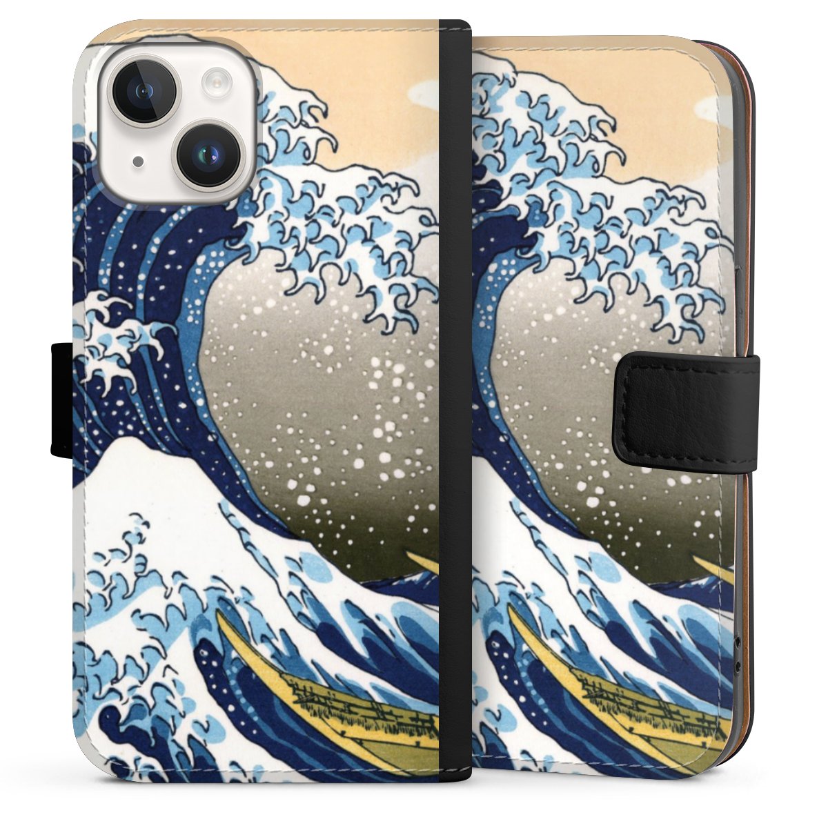 iPhone 14 Handy Klapphülle Handyhülle aus Kunst Leder schwarz Flip Case Kunst Katsushika Hokusai Die Große Welle Vor Kanagawa Sideflip mit Lasche