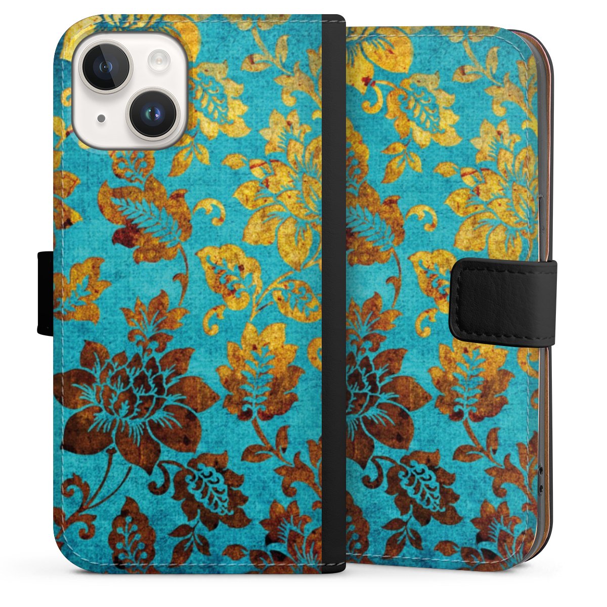 iPhone 14 Handy Klapphülle Handyhülle aus Kunst Leder schwarz Flip Case Ornament Vintage Flowers Sideflip mit Lasche