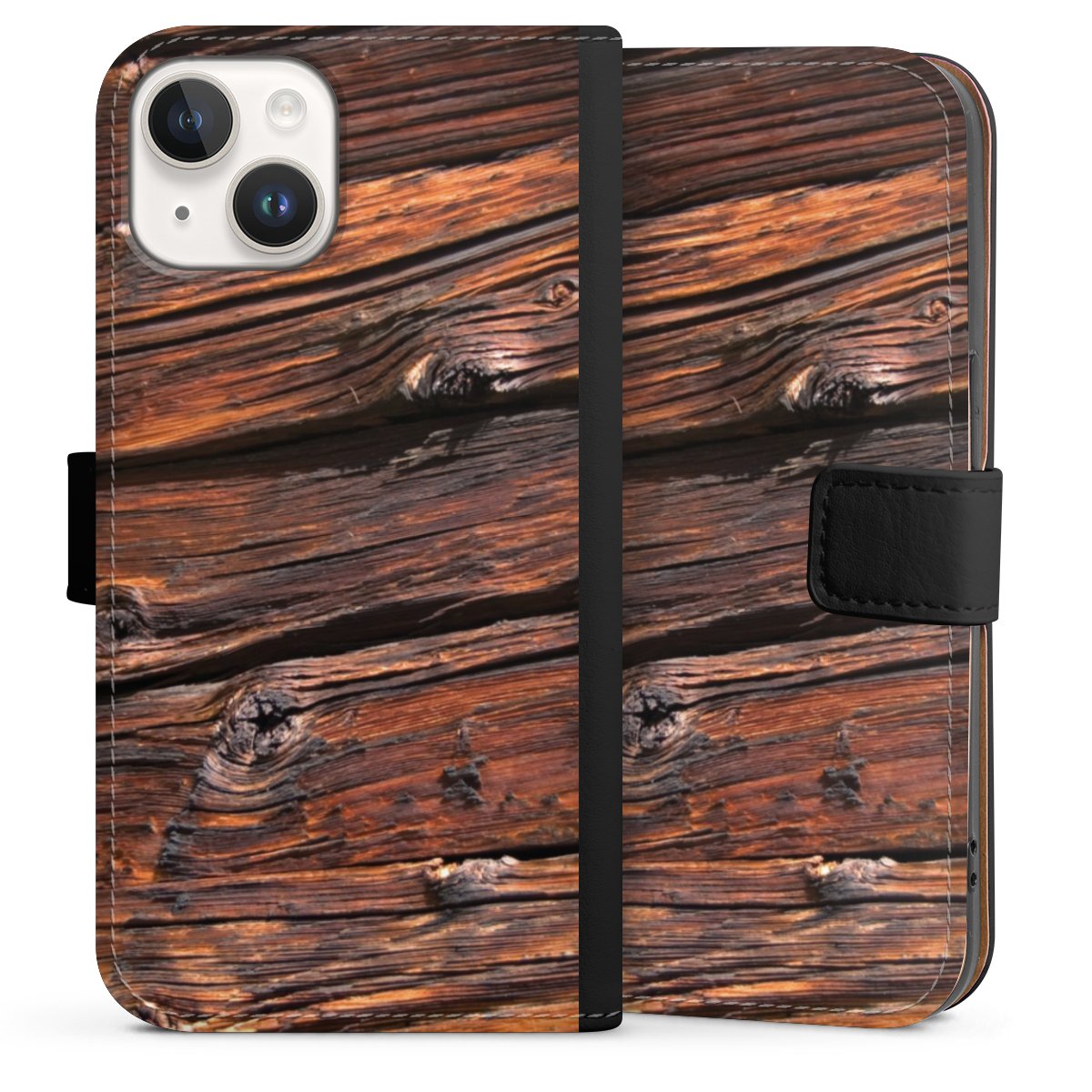 iPhone 14 Handy Klapphülle Handyhülle aus Kunst Leder schwarz Flip Case Beams Wooden Look Wood Sideflip mit Lasche