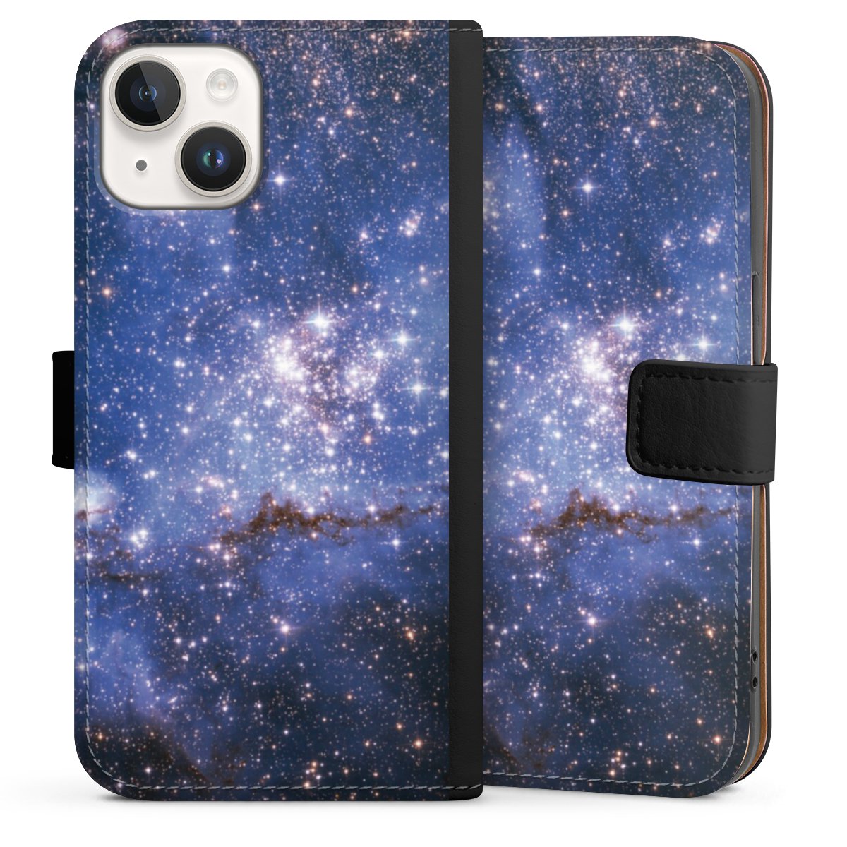 iPhone 14 Handy Klapphülle Handyhülle aus Kunst Leder schwarz Flip Case Weltall Galaxy Weltraum Sideflip mit Lasche