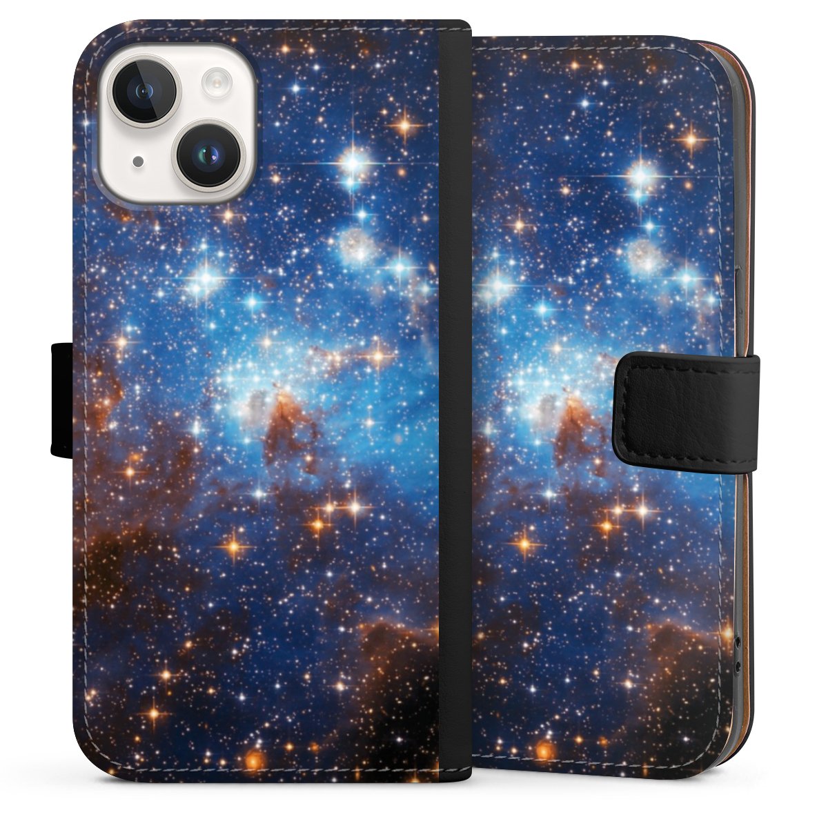 iPhone 14 Handy Klapphülle Handyhülle aus Kunst Leder schwarz Flip Case Star Weltall Galaxy Sideflip mit Lasche