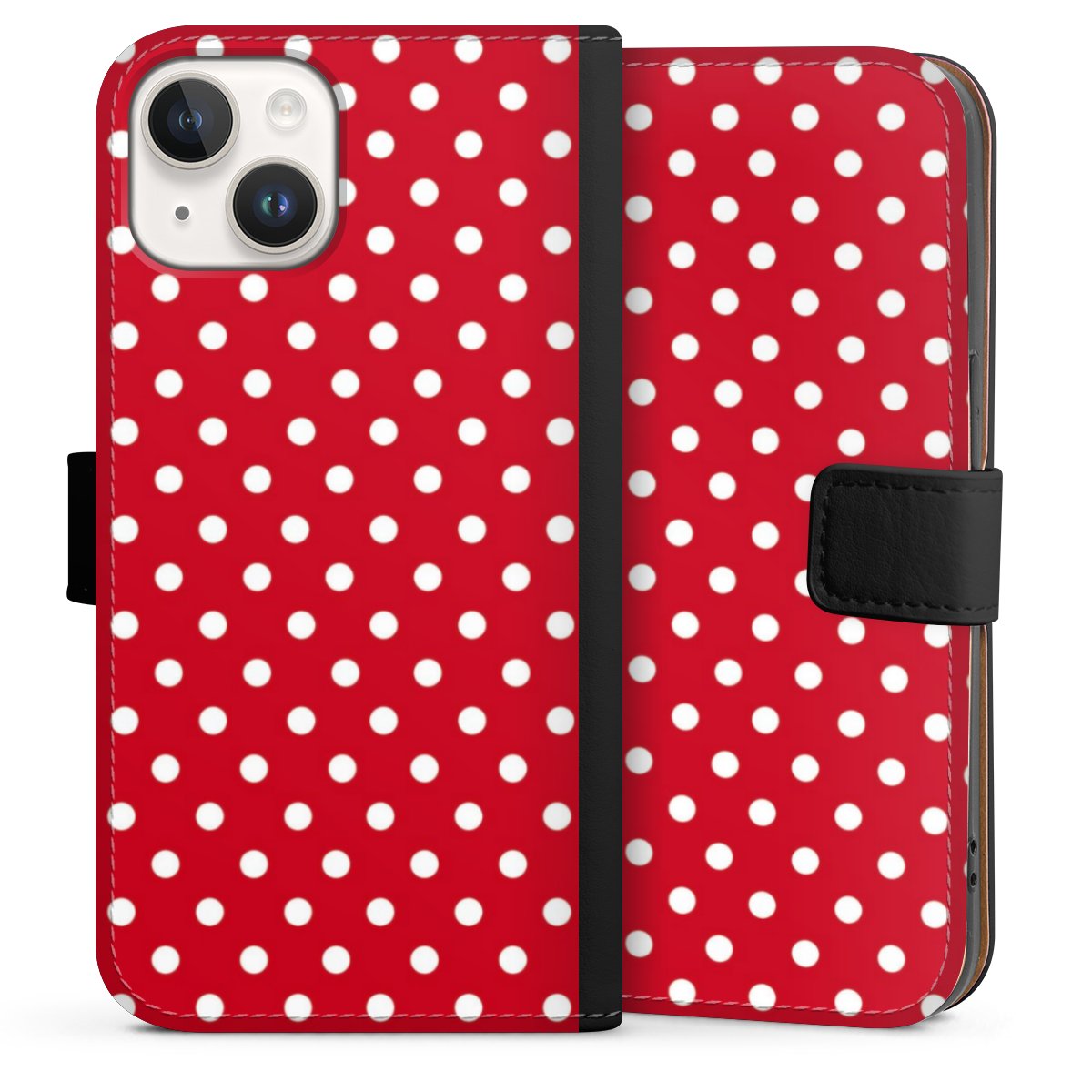 iPhone 14 Handy Klapphülle Handyhülle aus Kunst Leder schwarz Flip Case Points Polka Dots Retro Sideflip mit Lasche